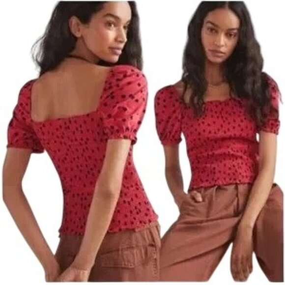 dolan Tops - Anthropologie Dolan Red Polka Dot Smocked Puff Sleeve Blouse